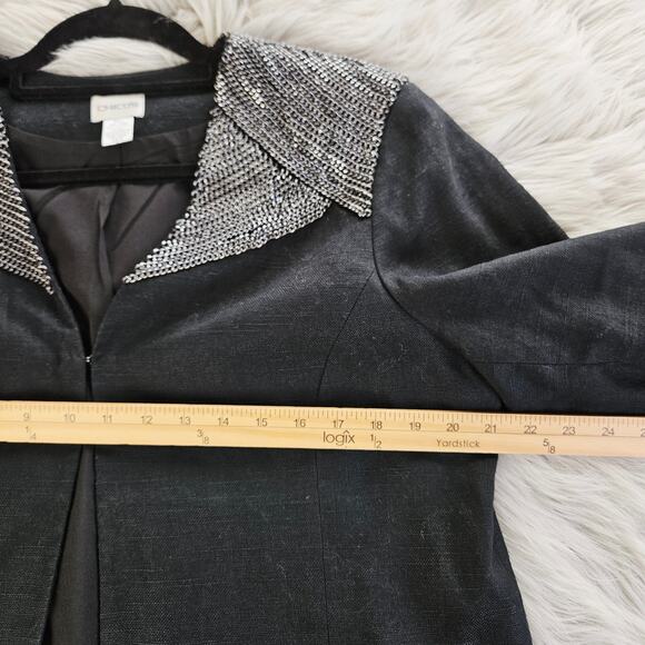Chicos Black Linen Blend Blazer Sz 2 Large Silver Chain Collar Edgy Chic Office - Picture 9 of 11
